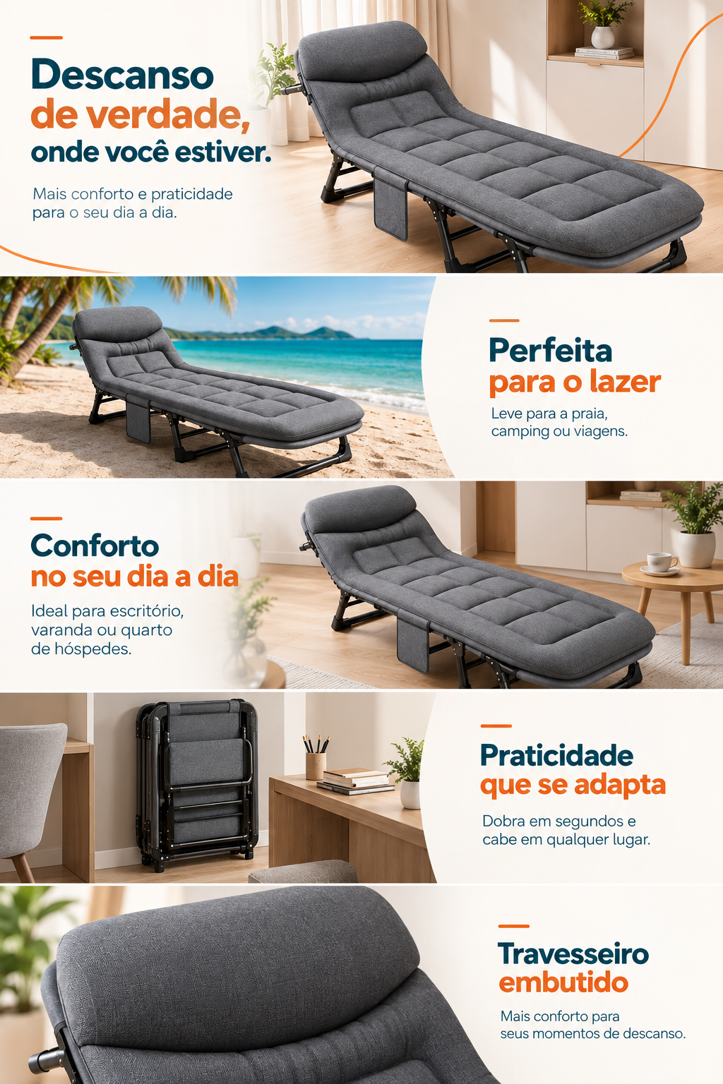 Cama dobrável portátil para diferentes ambientes
